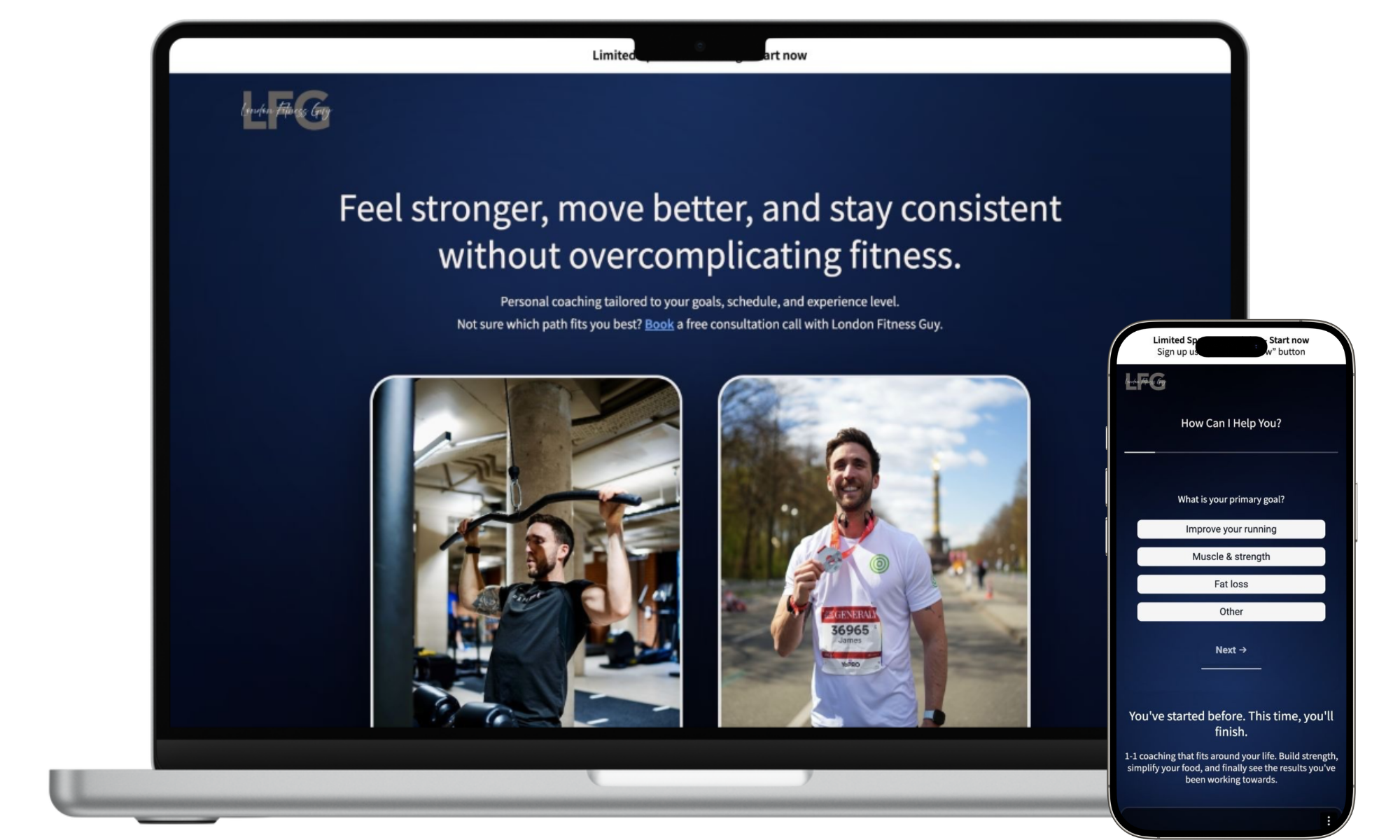 London Fitness Guy shown on laptop and mobile
