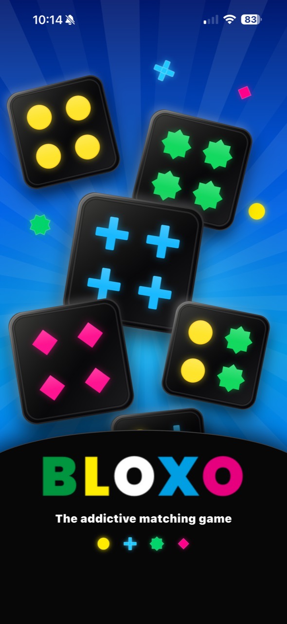 Bloxo mobile game launch screen with colourful matching cards