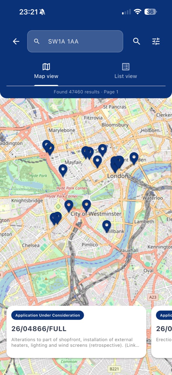 Future Builds map showing planning applications around a London postcode