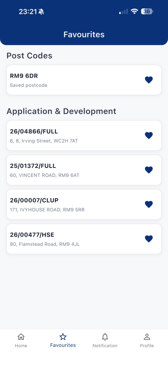 Future Builds favourites containing saved postcodes and planning applications