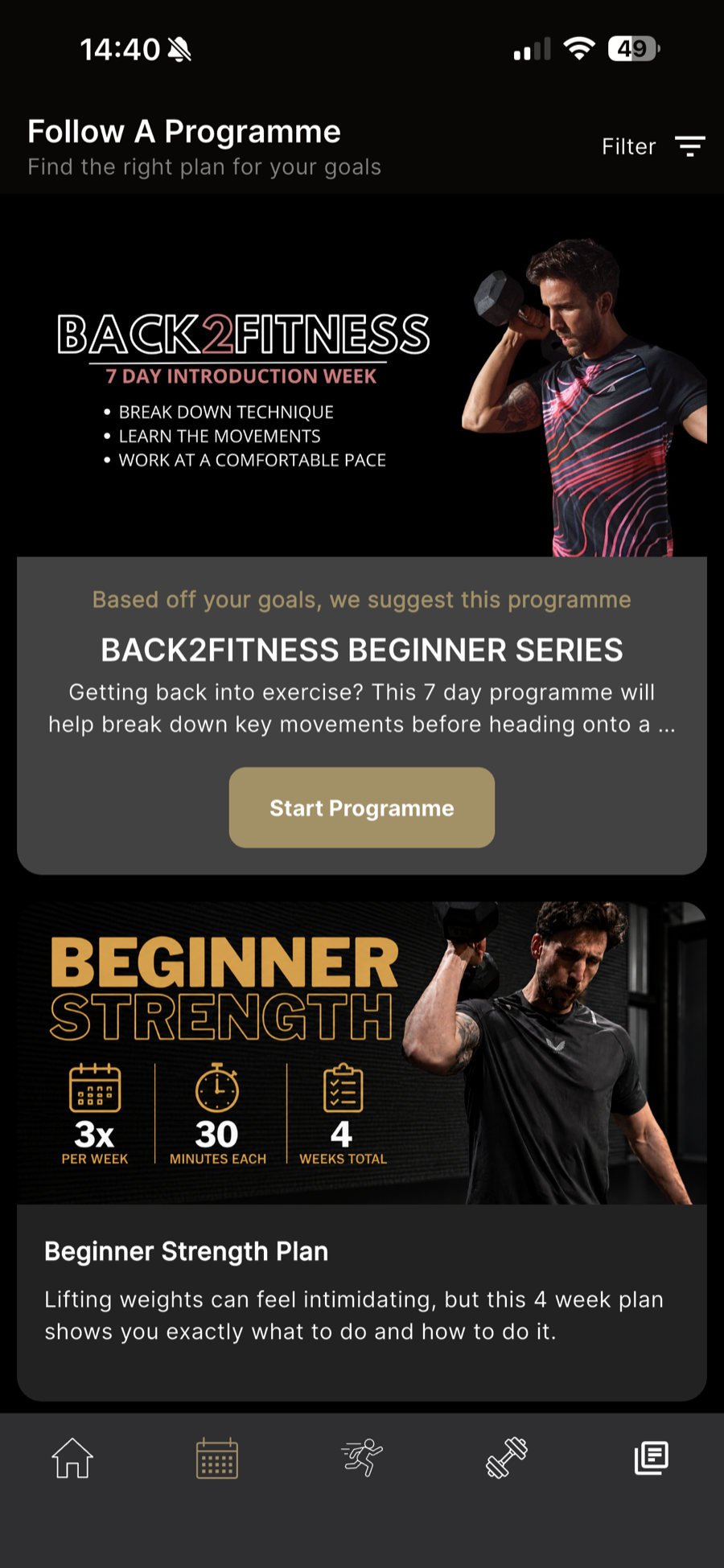 PWER app programme discovery screen