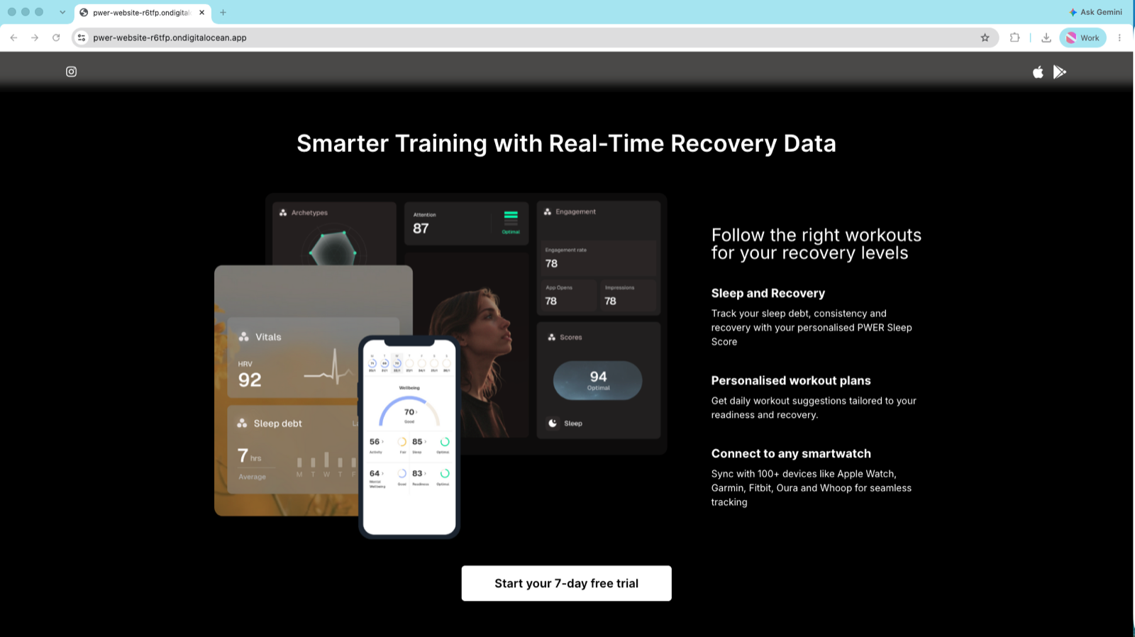 PWER website recovery data and personalised workout section