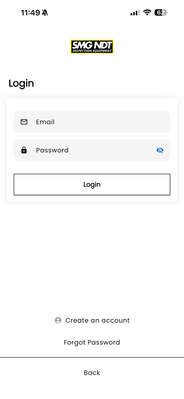 SMG NDT mobile app customer login screen