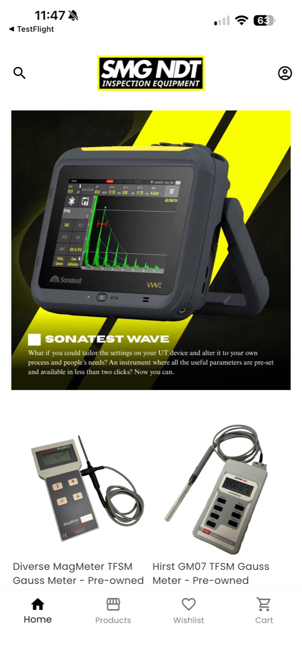 SMG NDT mobile app storefront showing non-destructive testing equipment