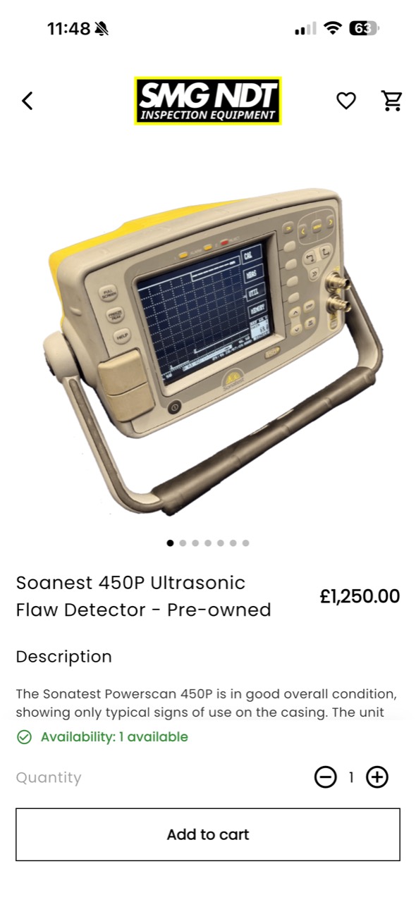 SMG NDT mobile app product detail for an ultrasonic flaw detector