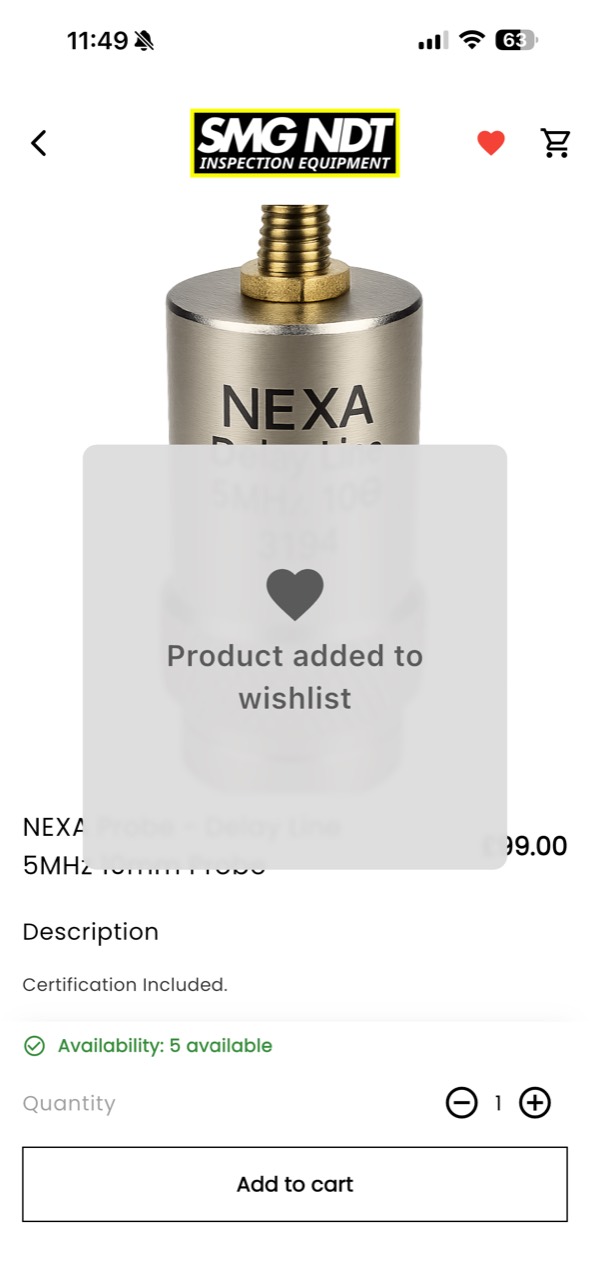 SMG NDT app confirming a product has been added to the wishlist