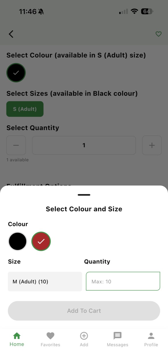 Vestu bulk purchase modal for selecting colour, size and quantity variants