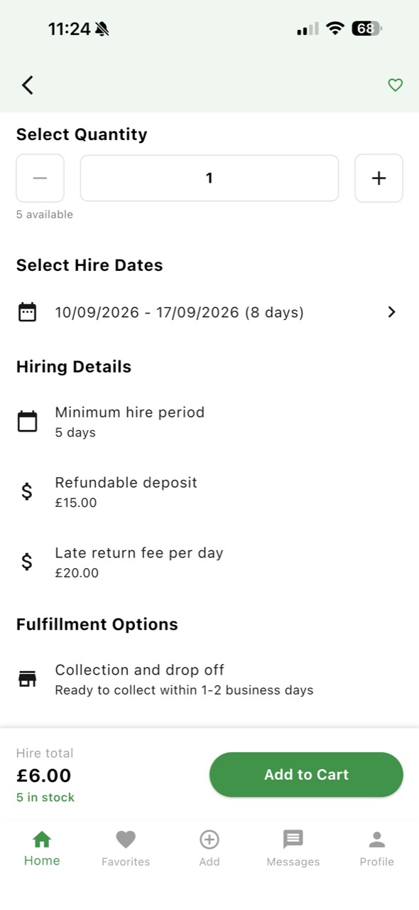 Vestu hire booking screen showing dates, deposit and fulfilment details